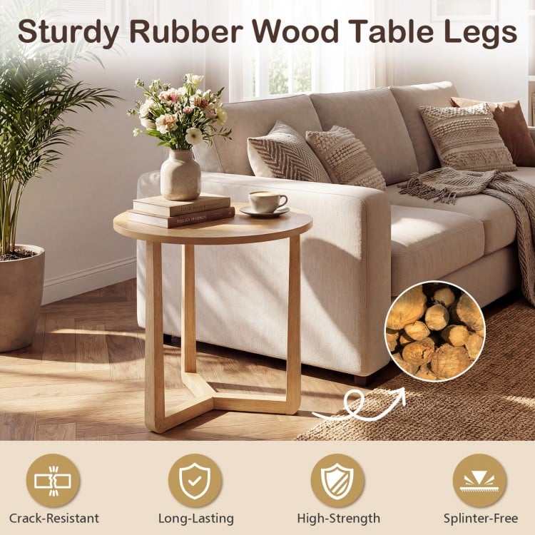 22.5 inch Round Side Table Farmhouse End Table with Sturdy Rubber Wood Legs and Triangular Structure-Natural