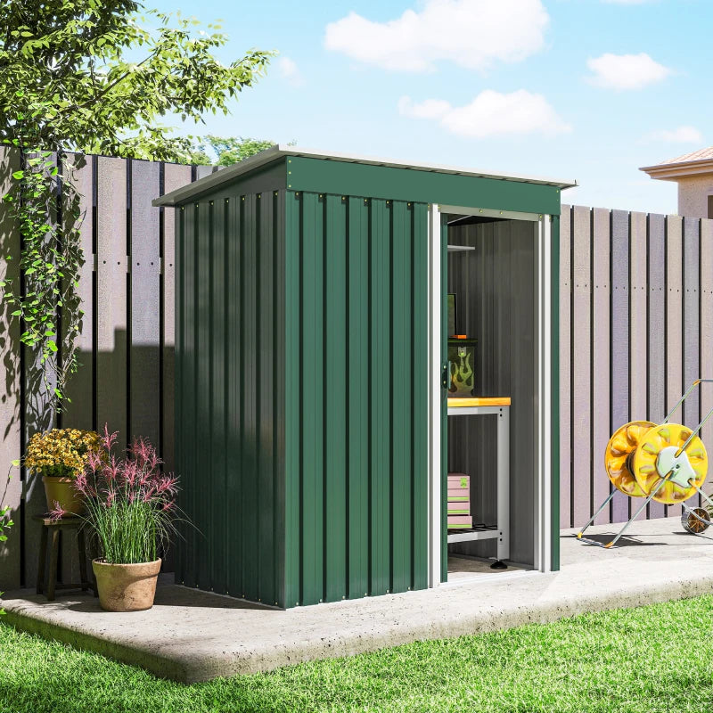 5 x 3 FT Outdoor Storage Shed with Sliding Door and Sloped Roof, Steel Frame Garden Shed Tool Equipment, Green
