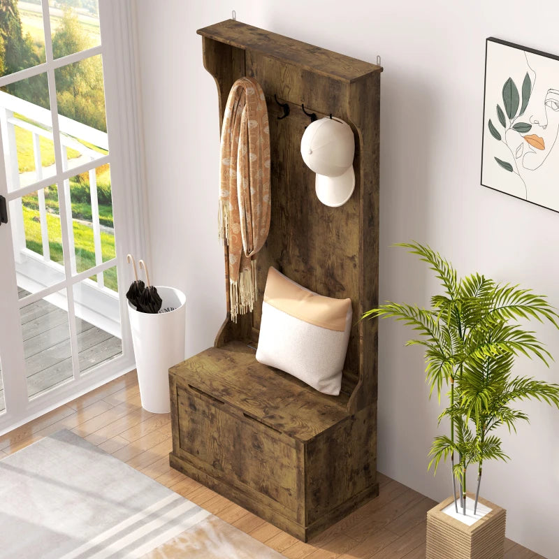 4-In-1 Hall Tree with Coat Rack, Top Shelf, Shoe Storage and Bench Seat, Entryway Bench with 4 Hooks, Rustic Brown