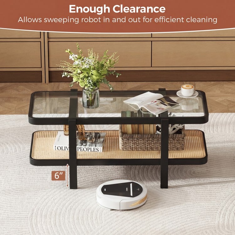 2-Tier Coffee Table with Storage and Tempered Glass Tabletop-Black
