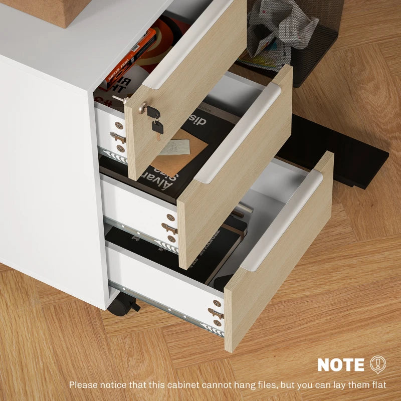 3 Drawer File Cabinet with Wheels, Vertical Filing Cabinet with Lock, Oak