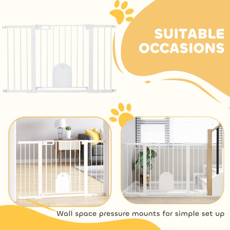 30"-52" Extra Wide Pet Gate Barrier with Small Door, 30"H Dog Gate with Safety Gate Barrier, Stair Pressure Fit, White