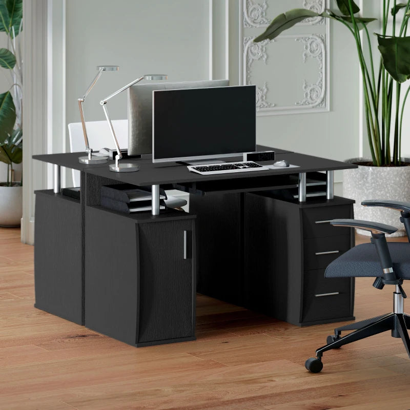 47" Computer Desk with Keyboard Tray and Storage Drawers, Home Office Workstation Table with Storage Shelves, Black