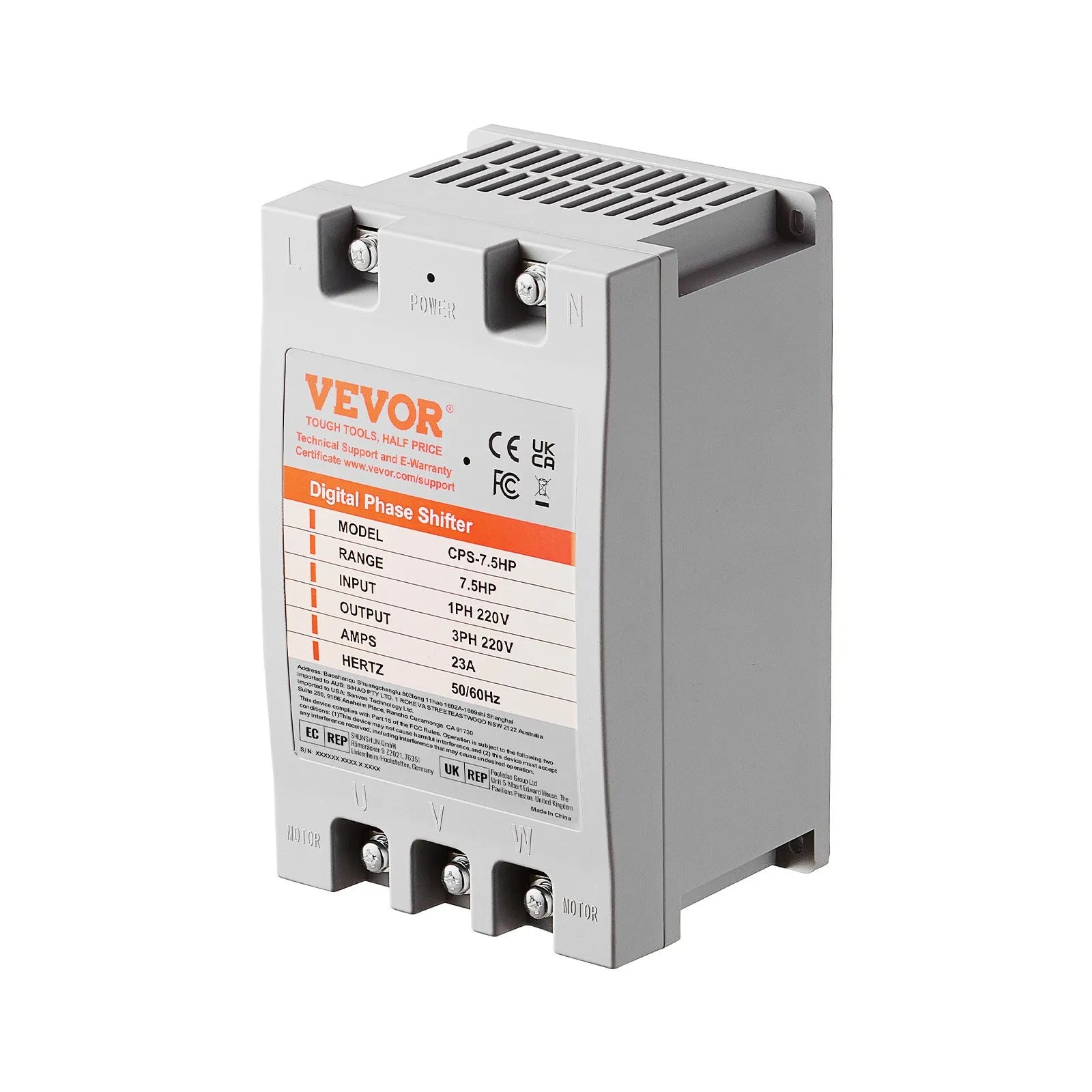 VEVOR 3 Phase Converter - 7.5HP 23A 220V Single Phase to 3 Phase Converter, Digital Phase Shifter for Residential and Light Commercial Use, 220V-240V Input/Output (One Converter for One Motor Only)