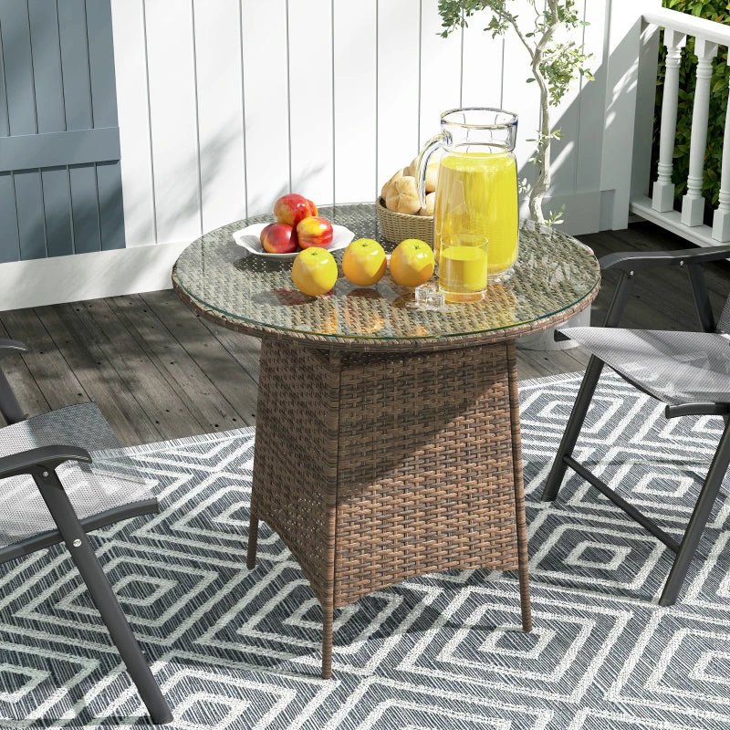 31.5" Outdoor Round Patio Table with Umbrella Hole, Bistro Coffee Table with Tempered Glass Top for Garden, Brown
