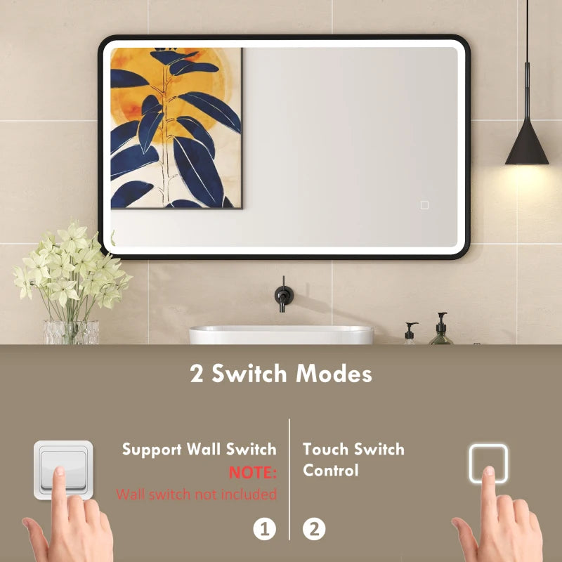 40" x 24" Bath Mirror with LED Lights, Wall Mounted Restroom Mirror, 3 Colours, Dimmable, Horizontal/Vertical, Black