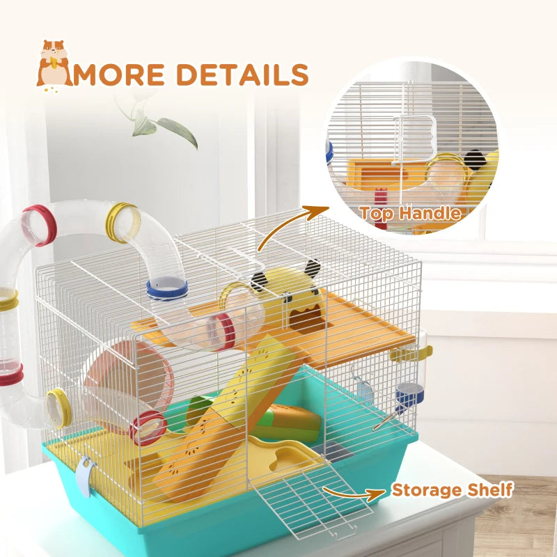 3 Tiers Hamster Cage for Gerbil, Dwarf Hamster with Tunnels, Water Bottle, Exercise Wheel, 18" x 11" x 15" - Light Blue