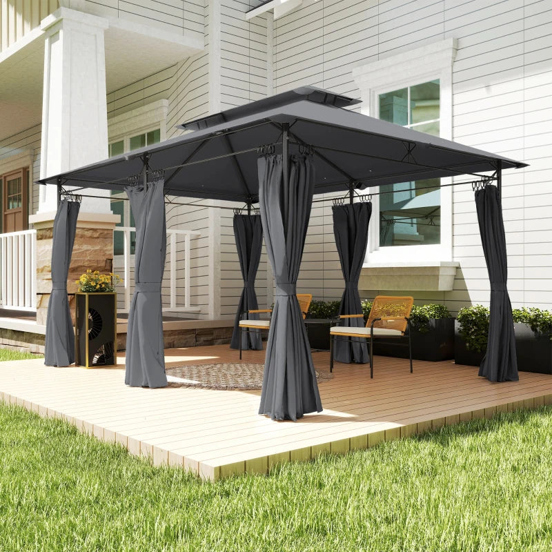 10' x 13' Double Roof Patio Gazebo, Outdoor Gazebo with Curtains, for Garden, Lawn, Backyard and Deck, Grey