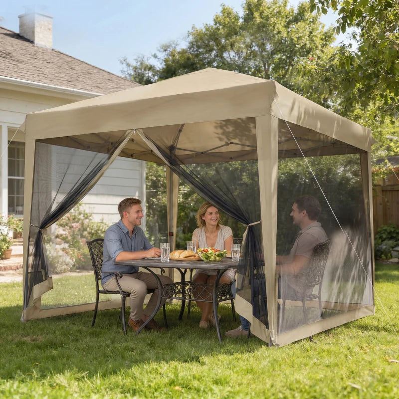10' x 10' Pop-Up Party Tent UPF50+ Outdoor Canopy Tent with Mesh Sidewalls, 3-Level Adjustable Height, Roller Bag, Khaki