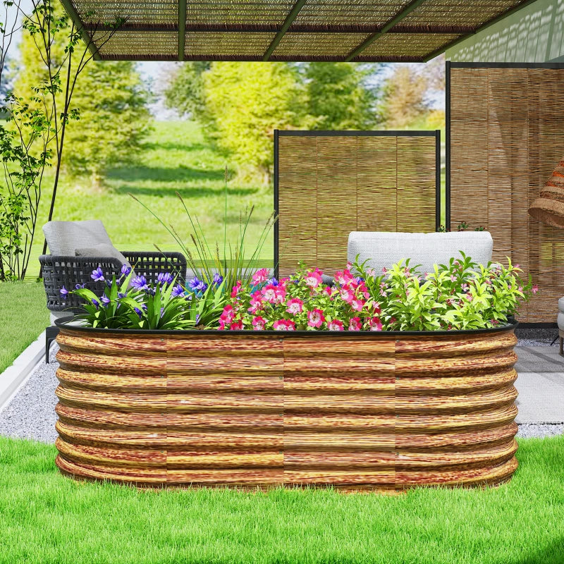 5 x 2.5 x 2 ft Galvanized Raised Garden Bed, Easy DIY Oval Planter Box with Safety Edging and Gloves, Brown Wood Effect
