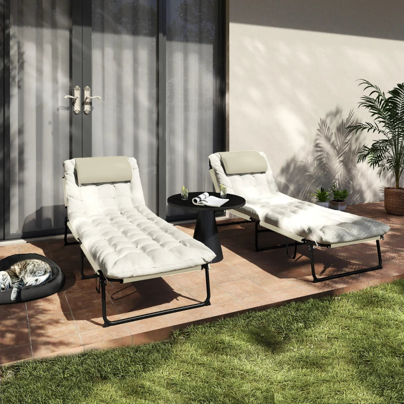 2-Piece Folding Lounge Chairs with Adjustable Backrest, Tanning Chair with Cushion, Side Pocket, Headrest, Beige