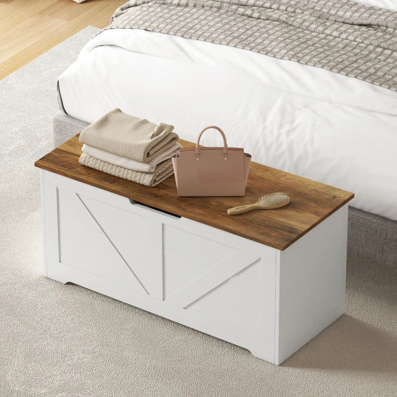 39.4 Inches Storage Chest, Storage Trunk with 2 Safety Hinges for Living Room, Brown and White Wood Grain