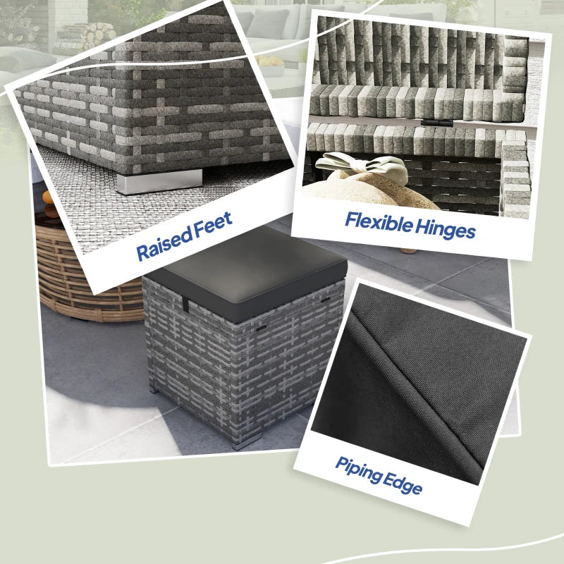 2 Pieces Wicker Outdoor Ottoman with Storage, Cushion, Square Outdoor Footstool, Seating, Side Table, Dark Grey