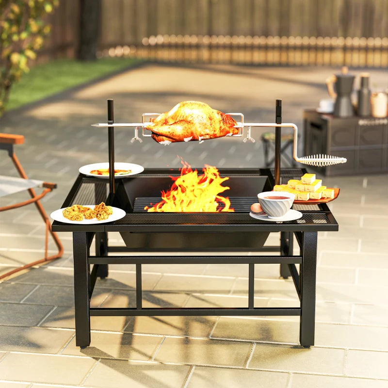 31.9" x 31.9" x 27.8" 2-in-1 Outdoor Fire Pit Firepit with BBQ Grill Grate, Wood Fire Pit with Adjustable Foot Pads, Outer Ledge, Poker, Mesh Lid for Backyard, Black