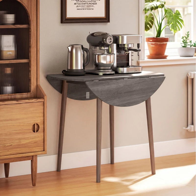 35" Folding Dining Table, Collapsible Drop Leaf Table with Round Tabletop, Wood Legs, Distressed Light Grey