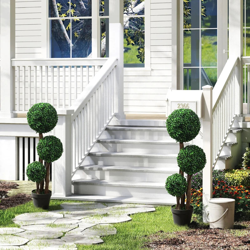 35 Inch Potted Fake Plant Set of 2, Artificial Boxwood Topiary Tree, Triple Ball Tree for Indoor and Outdoor, Green