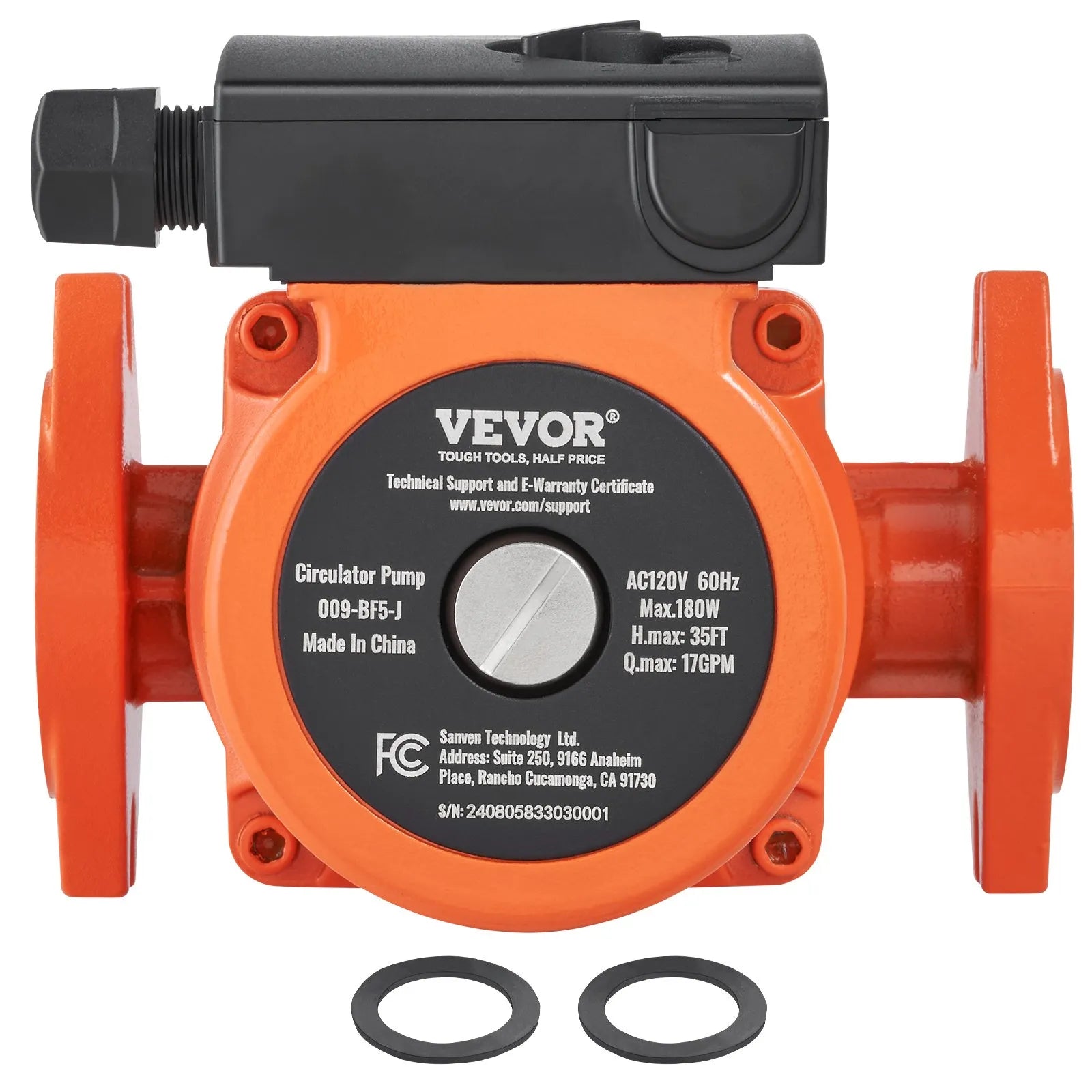 VEVOR 009-BF5-J Hot Water Circulation Pump 110V 180W 17 GPM Recirculating Pump