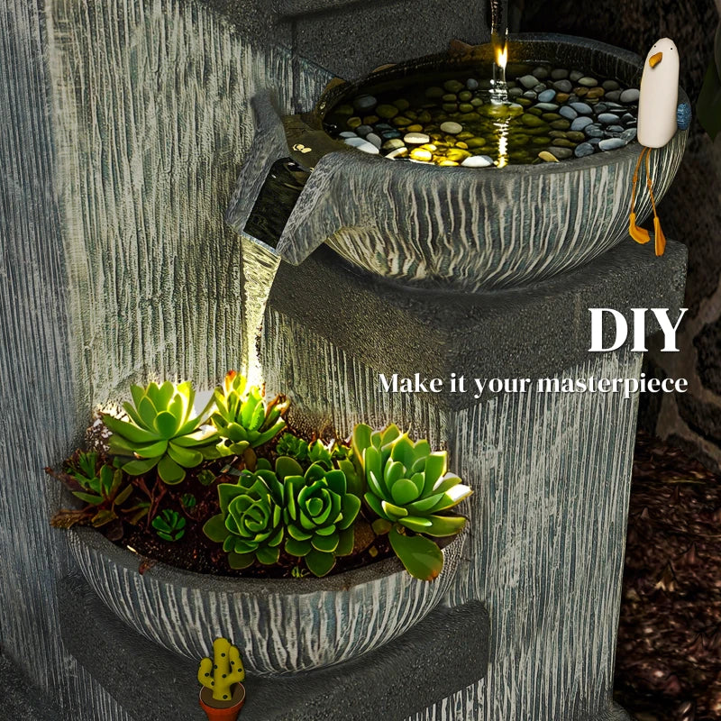33.5" Water Fountain, 4-Tier Resin Cascading Bowls Outdoor Waterfall Fountain with LED Lights, Pump
