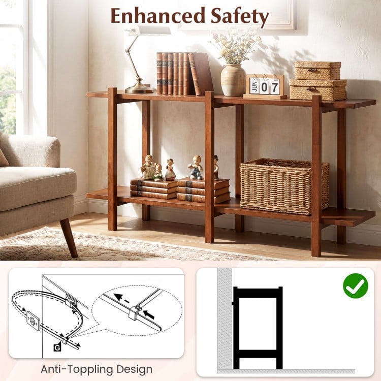 2-Tier Wood Bookshelf Low Horizontal Rubberwood Bookcase for Display-Walnut