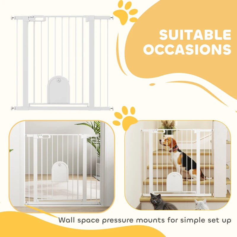 30"-41" Extra Wide Pet Gate Barrier with Small Door, 35"H Dog Gate with Safety Gate Barrier, Stair Pressure Fit, White