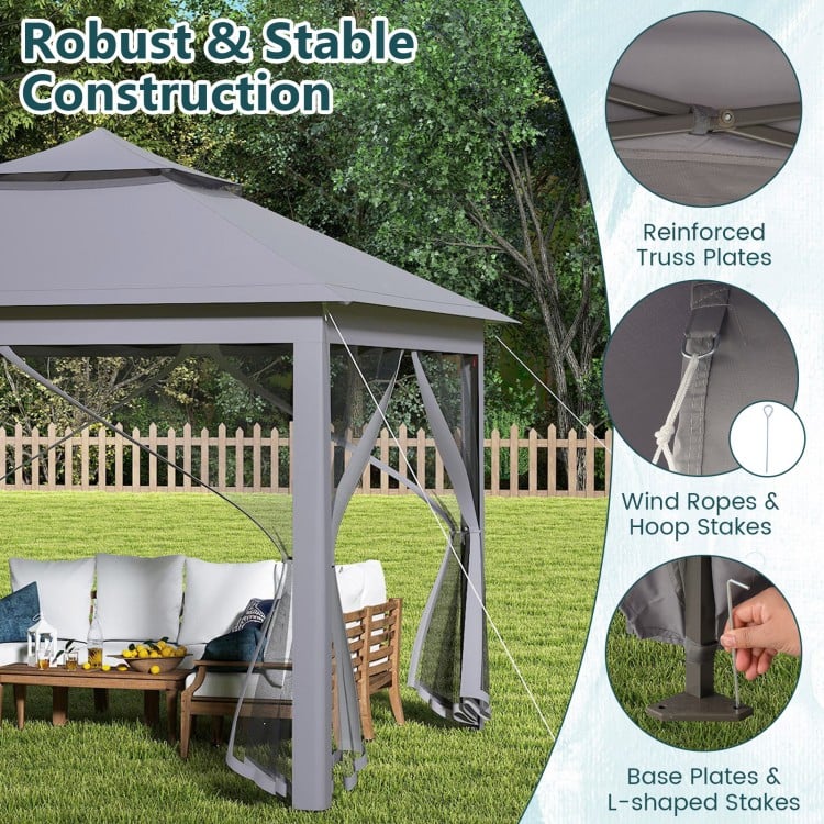 11 x 11 Feet 2-Tier Pop-Up Gazebo Tent Portable Canopy Shelter Carry Bag Mesh-Gray