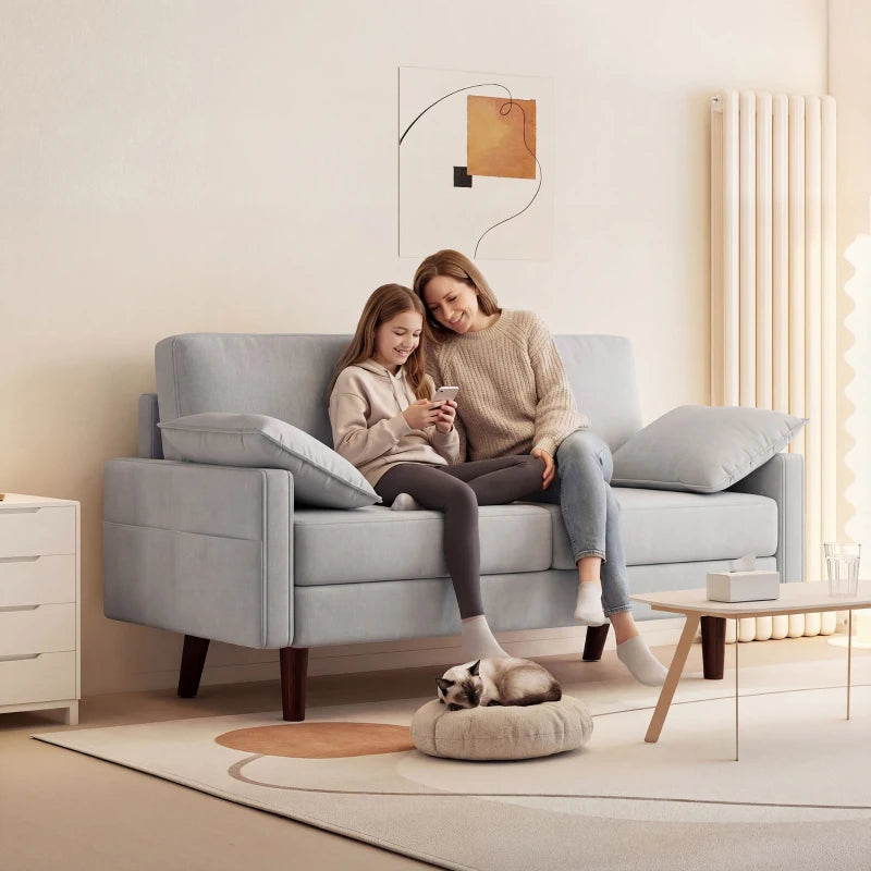 3 Seater Sofa, Velvet Upholstered Couch with Spring Cushions, Rubber Wood Legs and 2 Pillows, Grey