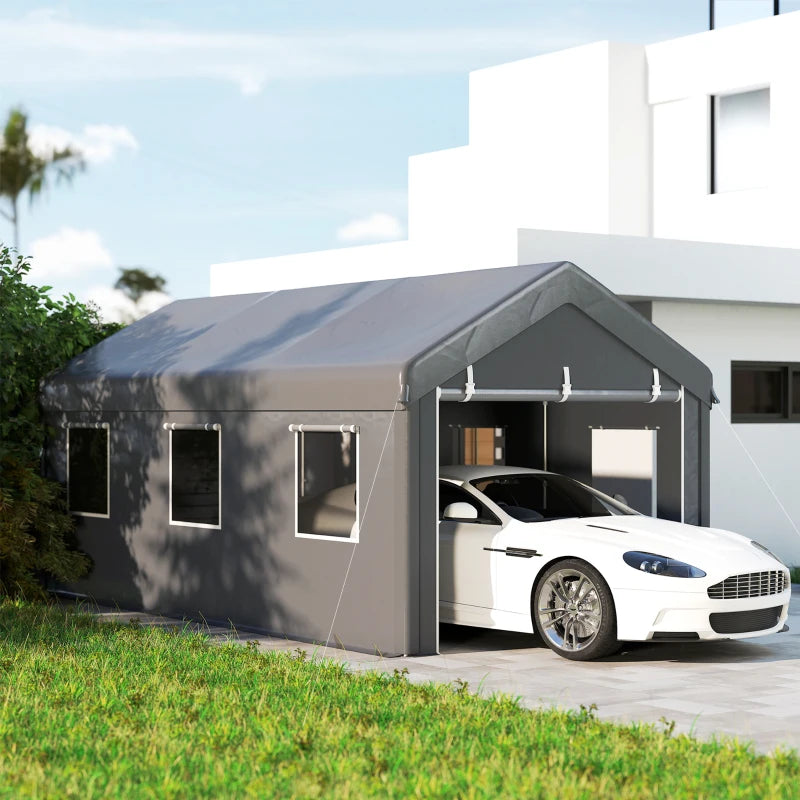 10' x 20' Carport, Heavy Duty Portable Garage with 6 Mesh Windows and 2 Doors, Dark Grey