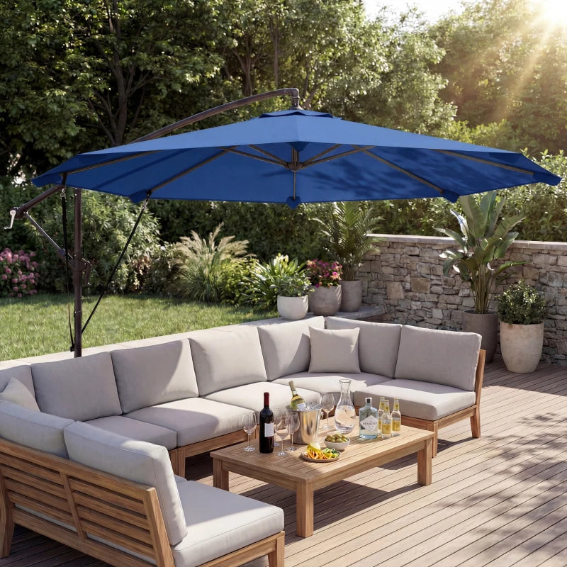 10FT Cantilever Patio Umbrella with 8 Ribs, Offset Patio Umbrella with Cover and Wind Ropes for Garden, Yard, Navy Blue