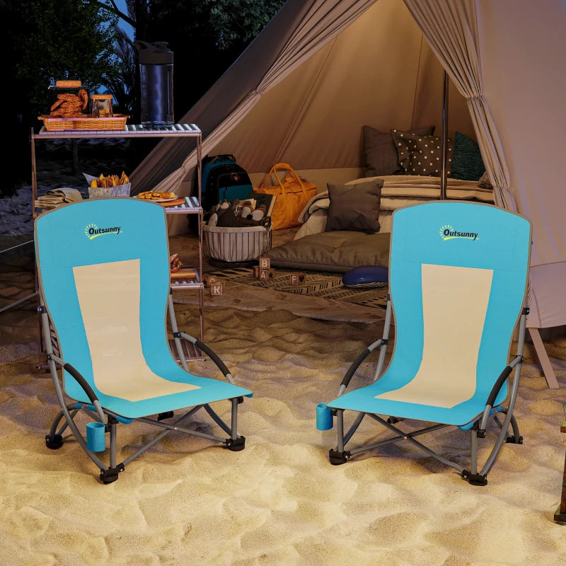 Set of 2 Folding Beach Chairs with Mesh Back, Carry Bag and Cup Holder for Outdoor Camping Lawn, 27.6" x 22.8" x 31.1"