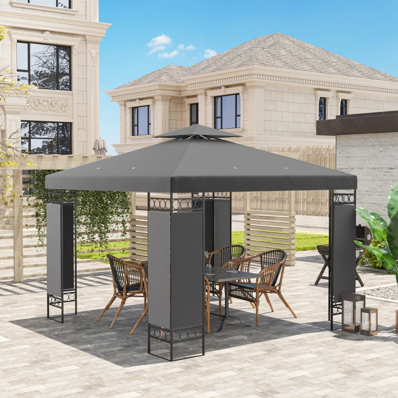10 x 10 FT Canopy Gazebo, Double Roof Patio Gazebo with Screen Panels and Metal Frame for Deck, Backyard, Dark Grey