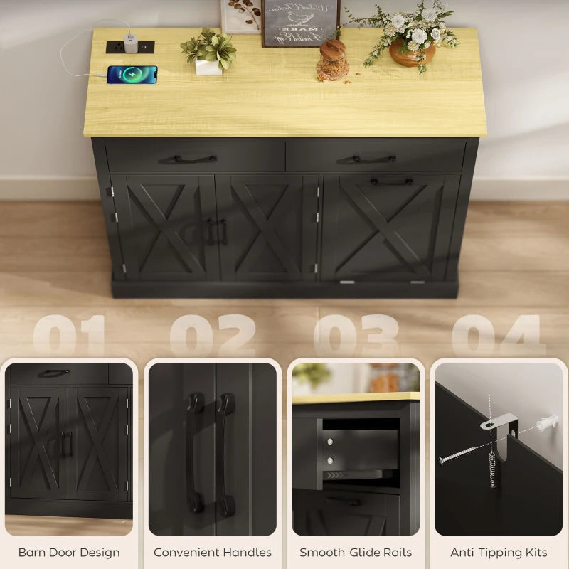 7 Gallon Tilt Out Garbage Cabinet, Kitchen Island with Charging Station, 2 Drawers, 4 Door Racks, Black