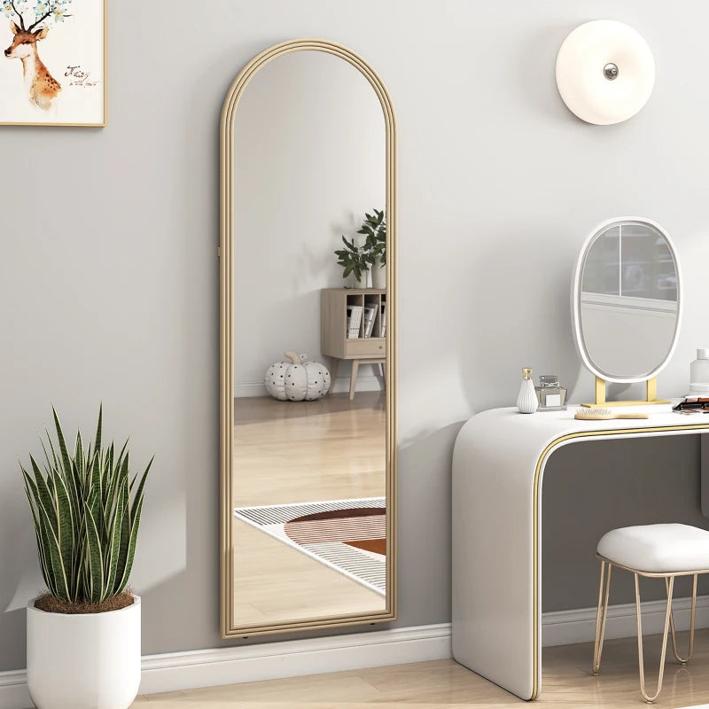64" x 21" Full Length Mirror, Free Standing, Leaning or Wall, Arched Full Body Mirror with Faux Stone Frame, Beige