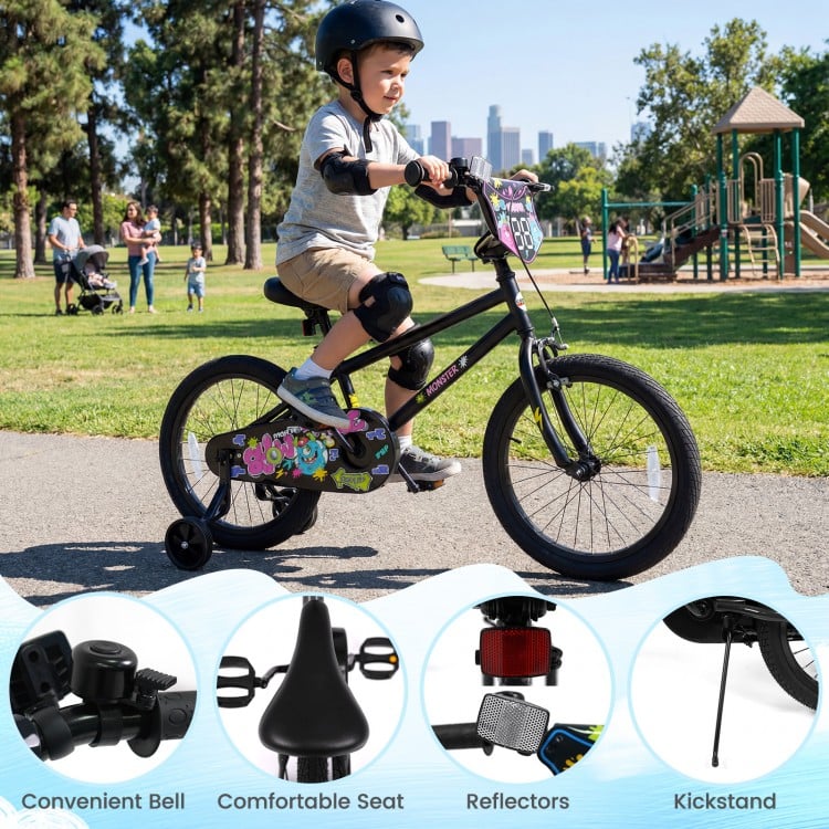 18 Inch Kids Bike with Training Wheels for Ages 4-8 Years Old Black- Street Art Time