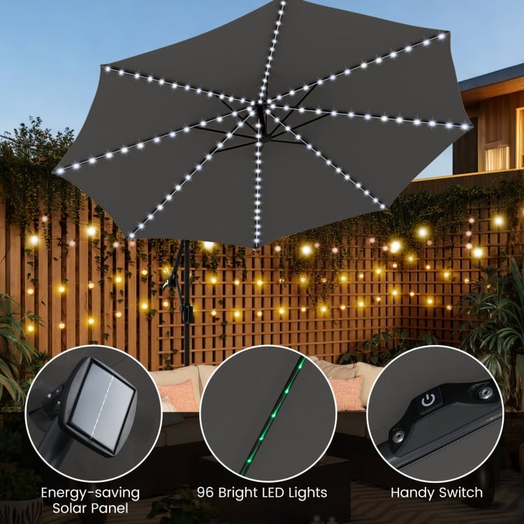 10 Feet Solar Offset Hanging Umbrella with Base and LED Lights-Gray