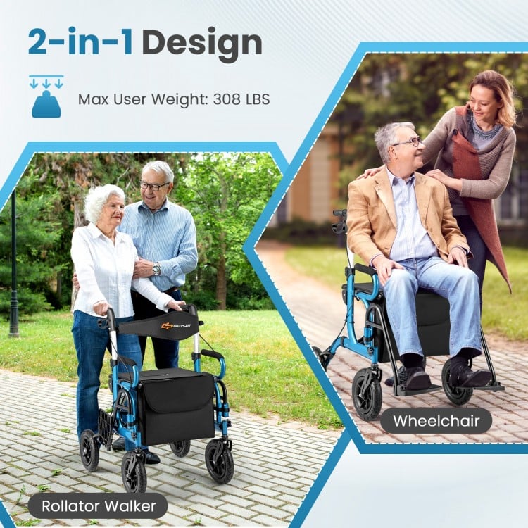 2-in-1 Foldable Rollator Walker with Seat abd 9 Inch Pneumatic Tires for Seniors-Navy