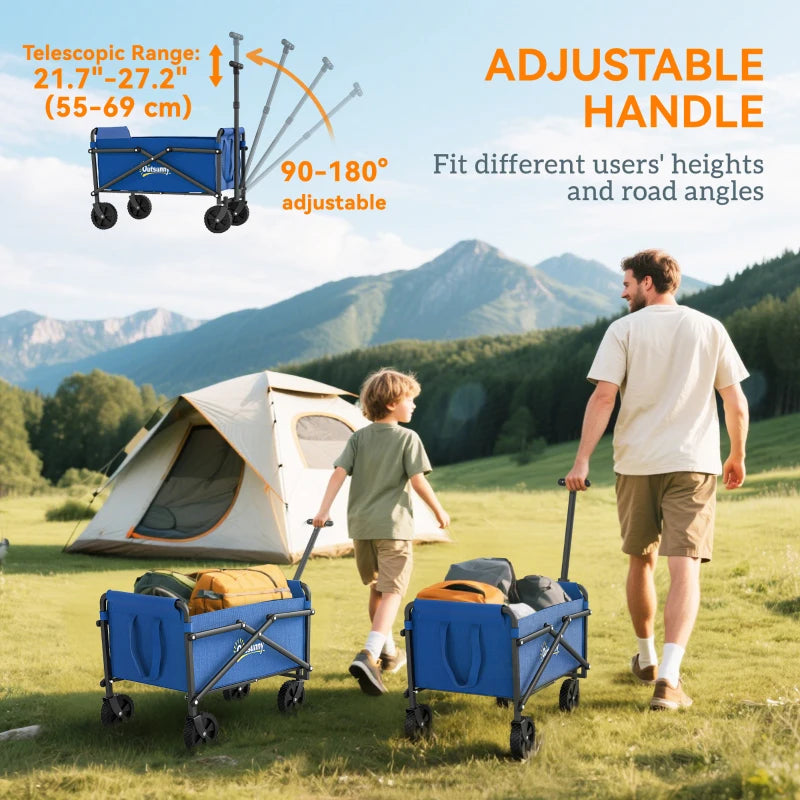 Small Collapsible Folding Garden Cart, Heavy Duty Lawn Wagon with Universal Wheels and Adjustable Handle, Blue