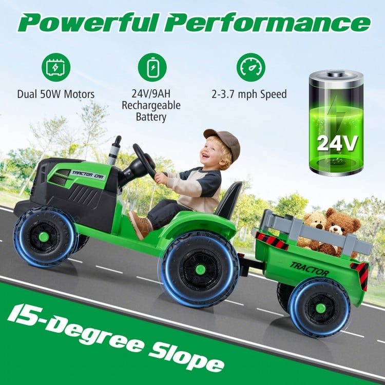 24V Ride On Tractor for Kids Electric Vehicle with Detachable Trailer and Remote Control-Green