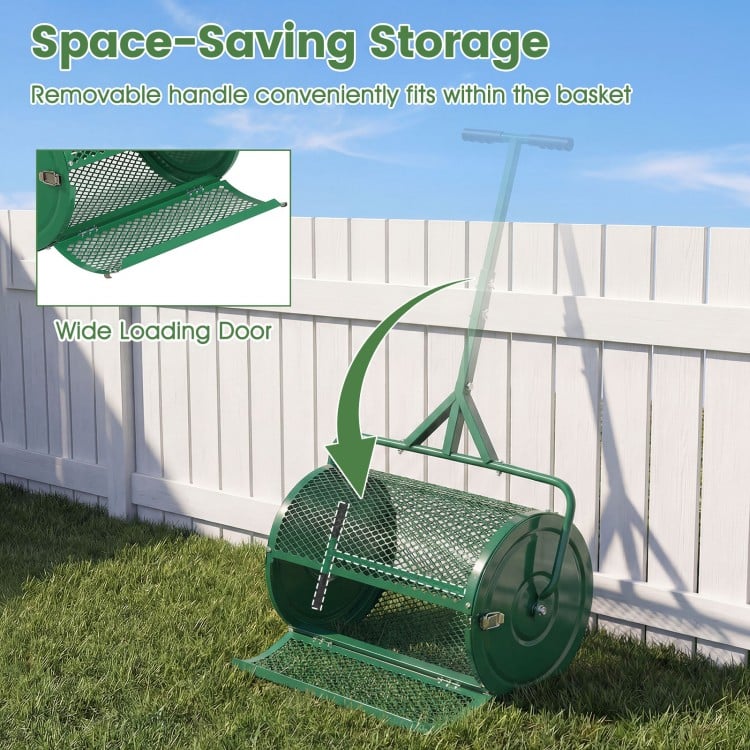 24 Inch Compost Spreader Peat Moss Spreader Roller with Height-Adjustable T-Shaped Handle-Green