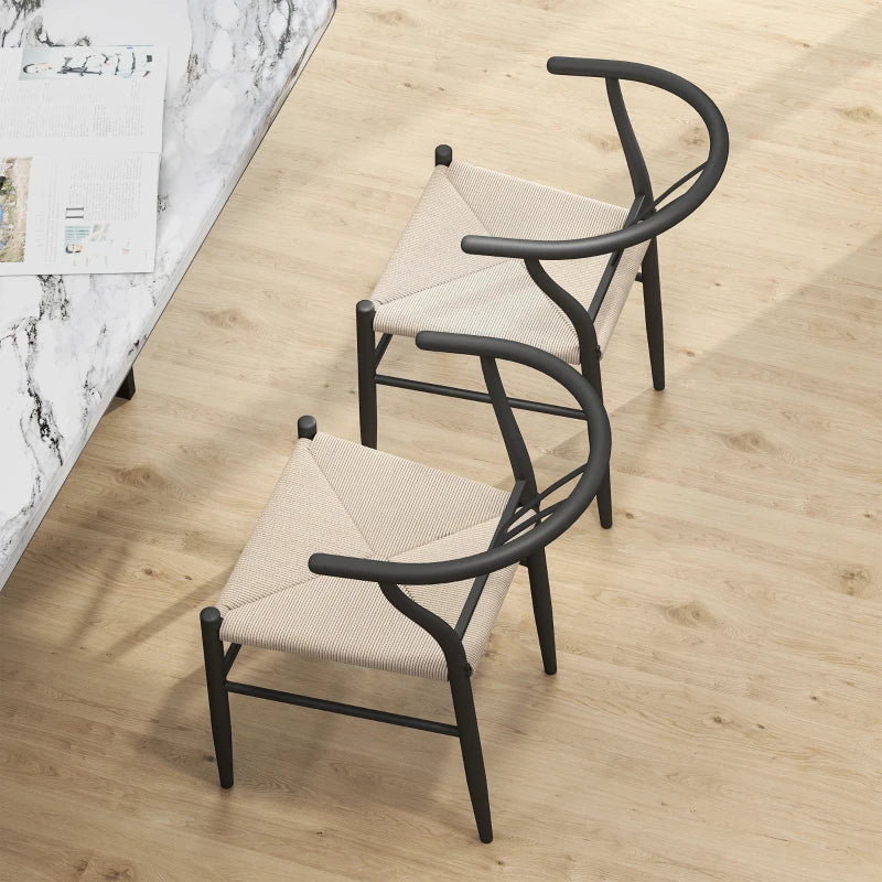 Set of 2 Weave Dining Chairs, Mid-Century Modern Dining Room Chairs with Y-Shaped Backrest and Hemp Seat, Black