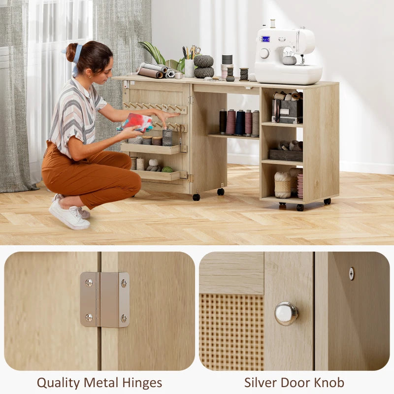 Sewing Machine Table with Drop Leaf, Folding Craft Table Rattan Door and Storage Shelves for Small Spaces, Natural