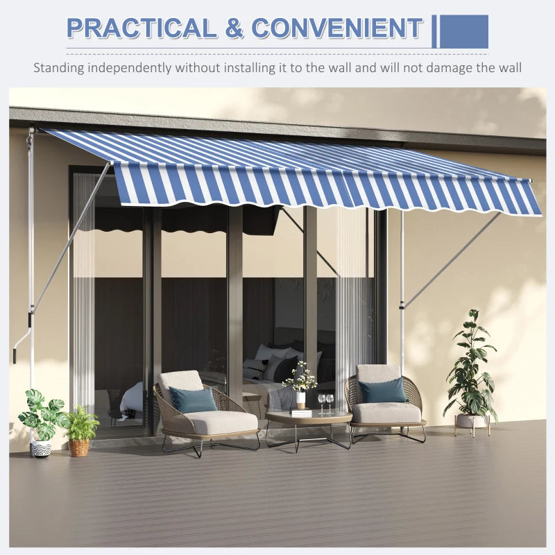 10x5ft Manual Retractable Awning, Patio Sun Shade Canopy Shelter with 5.6-9.2ft Support Pole, Water Resistant UV Protector, for Window, Door, Porch, Deck, Blue