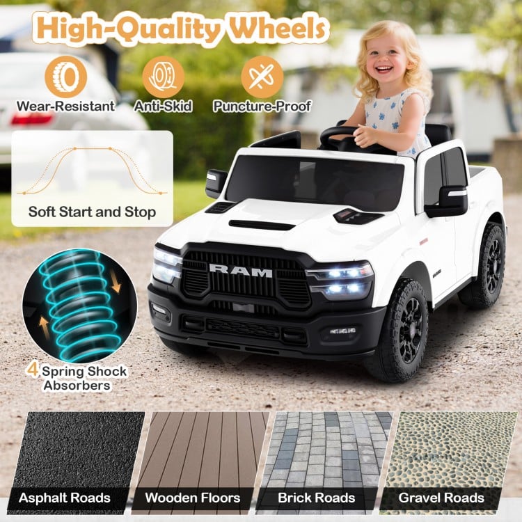 2 Seater 24V Ride on Toy for Big Kids Licensed Ram Truck with Remote and Music-White