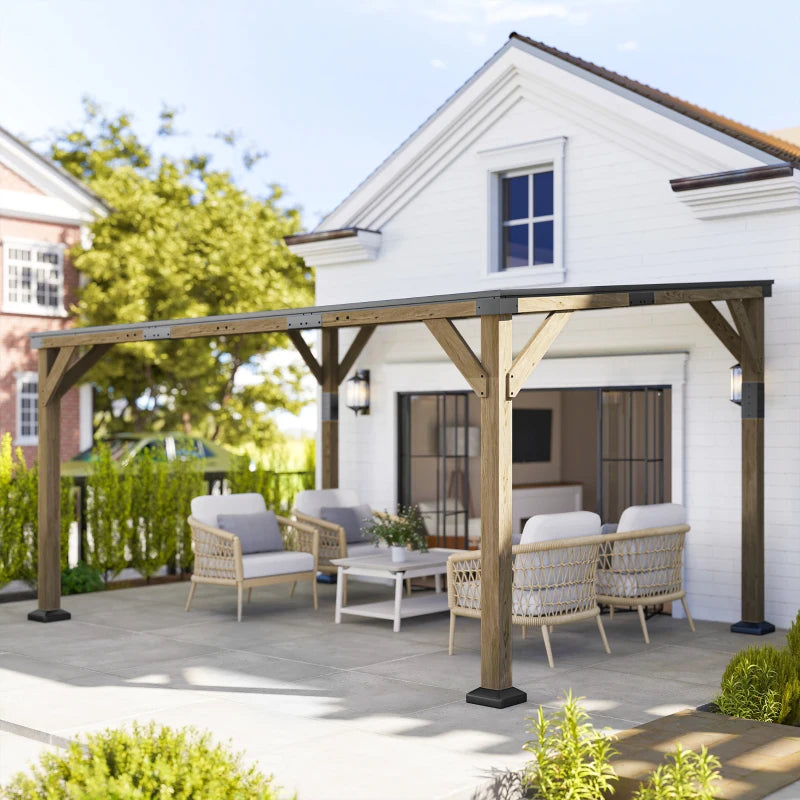 14' x 10' Gazebo, Lean to Galvanized Steel Hardtop Gazebo Pergola with Wood Frame, Patio Gazebo Awning, Dark Grey