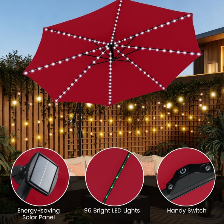 10 Feet Solar Offset Hanging Umbrella with Base and LED Lights-Red