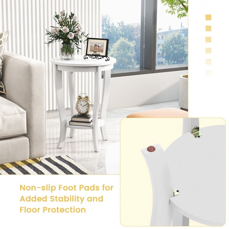2-tier Round End Table with Solid Wood Legs-White