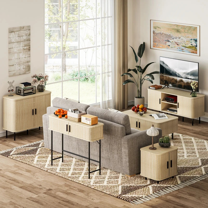 35.4" Sideboard Buffet Cabinet with Storage, Nordic Coffee Bar Cabinet with Slatted Tambour Doors and Metal Legs, Oak