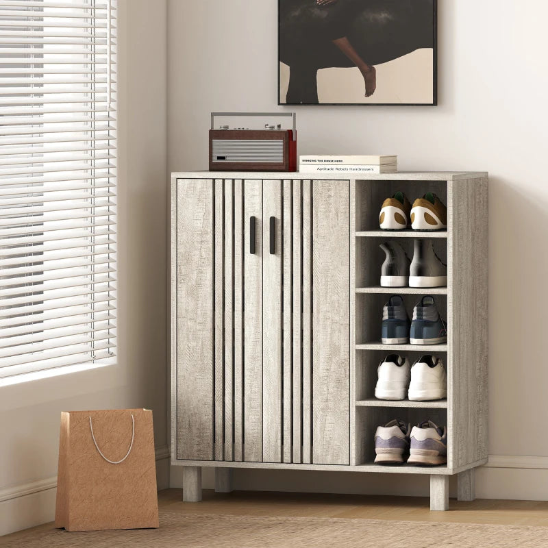 Shoe Storage with Double Doors and Open Shelves 17 Pair Shoe Storage Organizer for Entryway Hallway Light Grey