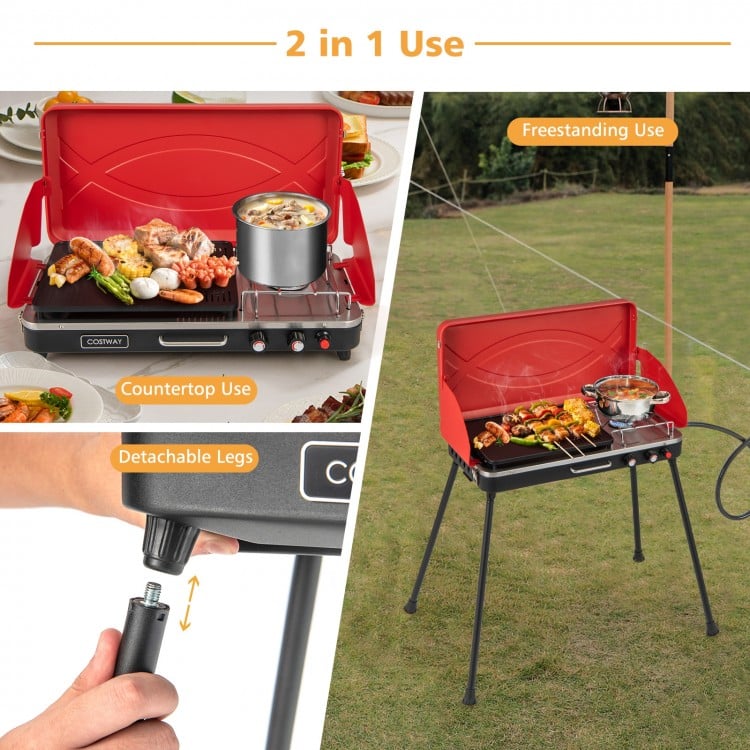 2-in-1 Gas Camping Grill and Stove with 4 Detachable Legs-Red