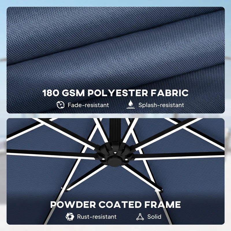 10 ft Offset Patio Umbrella with Solar Light, Garden Hanging Parasol with 360° Rotation, Tilt, Cover, Navy Blue