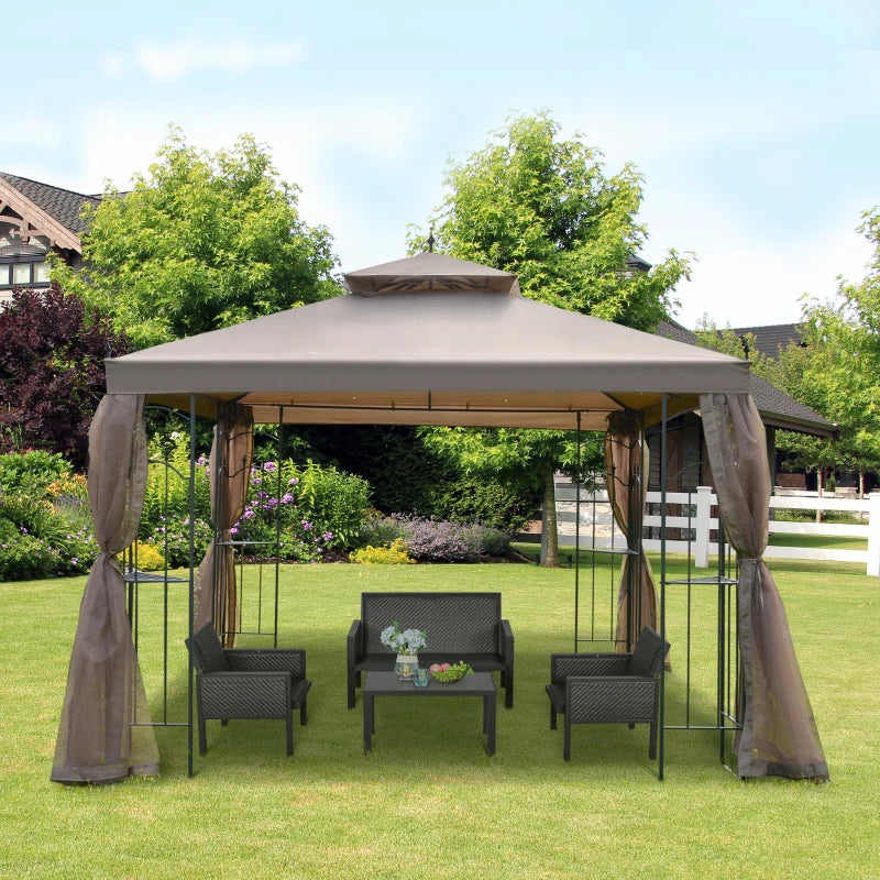 10' x 10' Steel Outdoor Patio Gazebo Canopy with Removable Mesh Curtains, Display Shelves, & Steel Frame, Brown